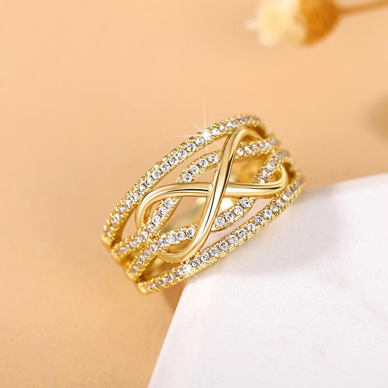 Glimmer Drop Women'S Trendy Infinity Symbol Ring | 8-Character Hollow 3D Design, Two-Tone Gold & Silver Statement Ring | Cubic Zirconia Embellished Fashion Index Finger Ring, Infinite Love Character Stylish Jewelry for Daily & Party