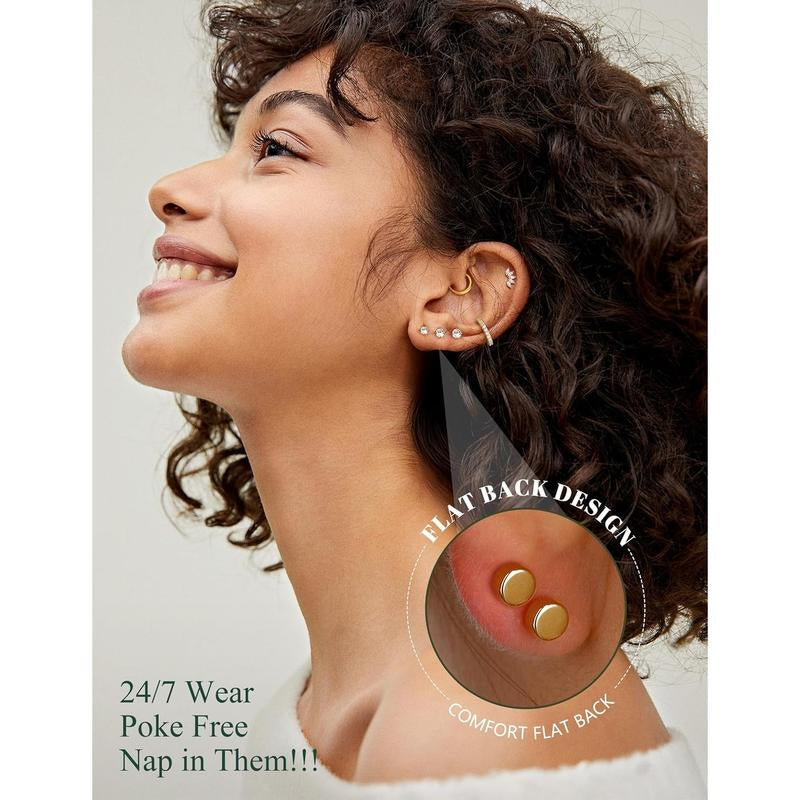 CASSIECA Flat Back Earrings for Women Cartilage Earrings Stacks-20G Surgical Stainless Steel Flatback Stud Hoop Earring Set Daith Conch Tragus Helix Piercing Jewelry