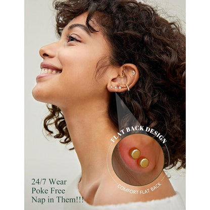 CASSIECA Flat Back Earrings for Women Cartilage Earrings Stacks-20G Surgical Stainless Steel Flatback Stud Hoop Earring Set Daith Conch Tragus Helix Piercing Jewelry