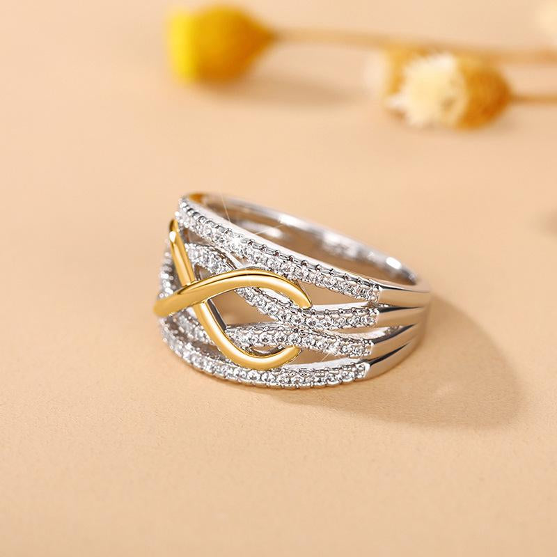Glimmer Drop Women'S Trendy Infinity Symbol Ring | 8-Character Hollow 3D Design, Two-Tone Gold & Silver Statement Ring | Cubic Zirconia Embellished Fashion Index Finger Ring, Infinite Love Character Stylish Jewelry for Daily & Party