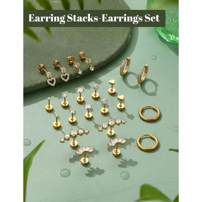 CASSIECA Flat Back Earrings for Women Cartilage Earrings Stacks-20G Surgical Stainless Steel Flatback Stud Hoop Earring Set Daith Conch Tragus Helix Piercing Jewelry