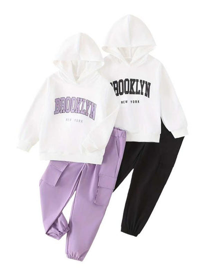 Girls' Sportswear Set 4-Piece Cute Hoodie and Jogger Pants Outfit Set Suitable for Ages 3-14