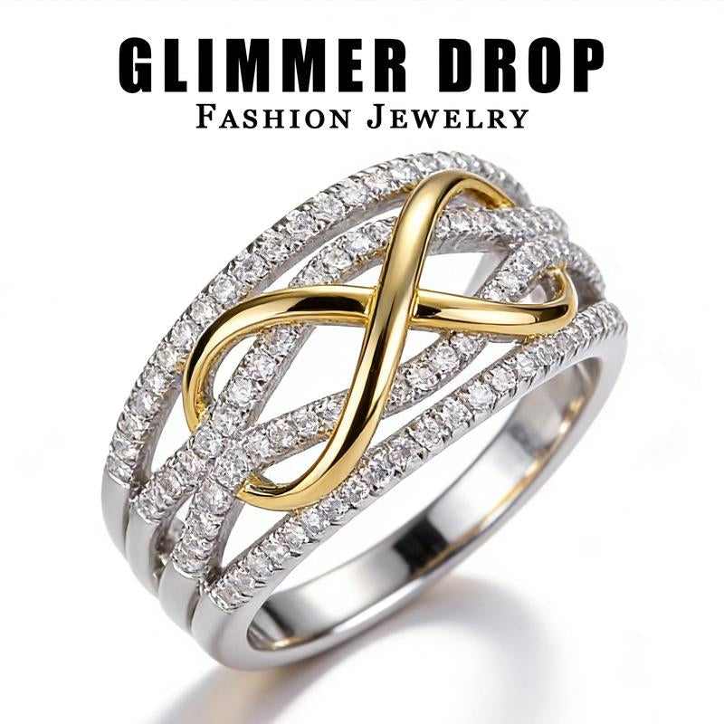 Glimmer Drop Women'S Trendy Infinity Symbol Ring | 8-Character Hollow 3D Design, Two-Tone Gold & Silver Statement Ring | Cubic Zirconia Embellished Fashion Index Finger Ring, Infinite Love Character Stylish Jewelry for Daily & Party