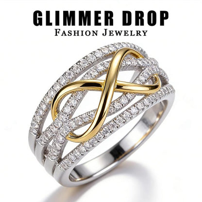 Glimmer Drop Women'S Trendy Infinity Symbol Ring | 8-Character Hollow 3D Design, Two-Tone Gold & Silver Statement Ring | Cubic Zirconia Embellished Fashion Index Finger Ring, Infinite Love Character Stylish Jewelry for Daily & Party