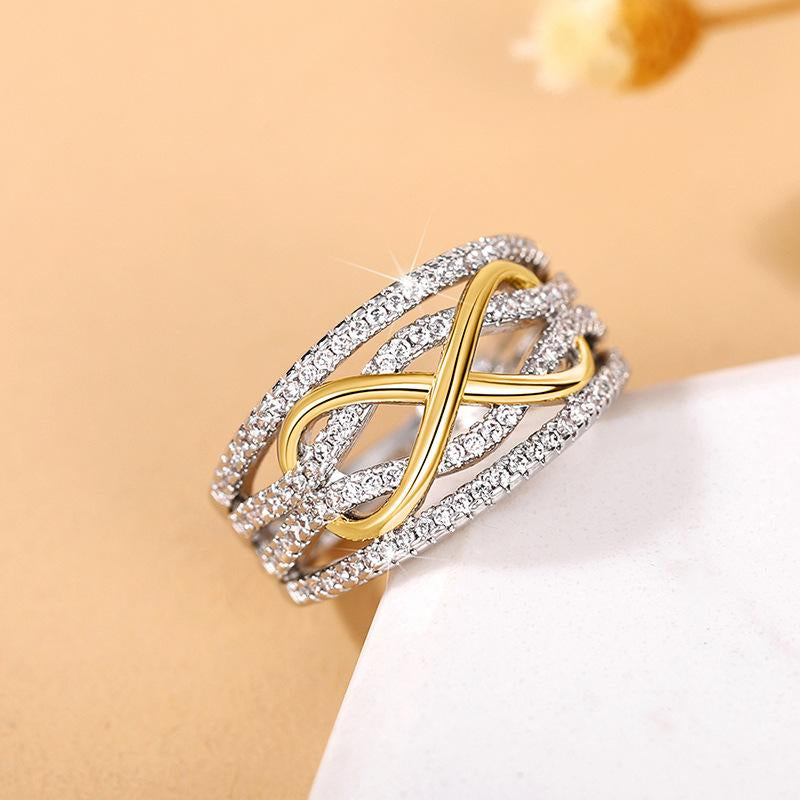 Glimmer Drop Women'S Trendy Infinity Symbol Ring | 8-Character Hollow 3D Design, Two-Tone Gold & Silver Statement Ring | Cubic Zirconia Embellished Fashion Index Finger Ring, Infinite Love Character Stylish Jewelry for Daily & Party