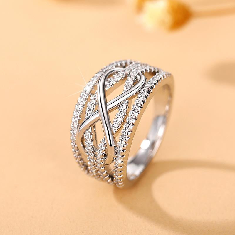 Glimmer Drop Women'S Trendy Infinity Symbol Ring | 8-Character Hollow 3D Design, Two-Tone Gold & Silver Statement Ring | Cubic Zirconia Embellished Fashion Index Finger Ring, Infinite Love Character Stylish Jewelry for Daily & Party