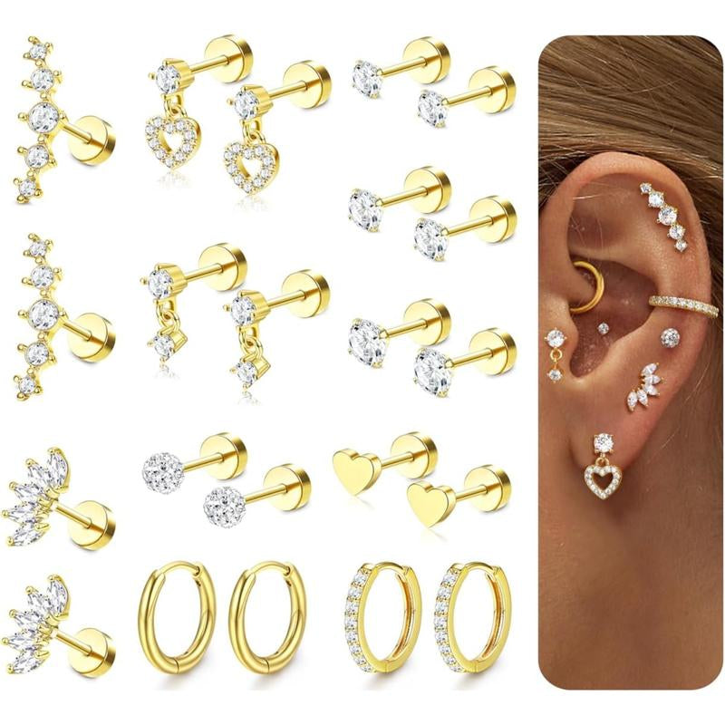 CASSIECA Flat Back Earrings for Women Cartilage Earrings Stacks-20G Surgical Stainless Steel Flatback Stud Hoop Earring Set Daith Conch Tragus Helix Piercing Jewelry