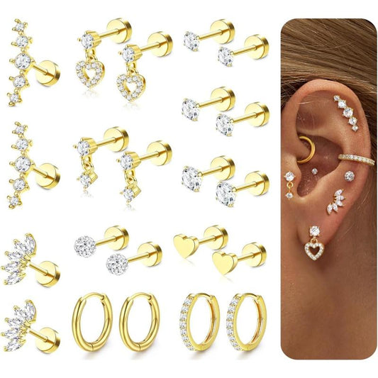 CASSIECA Flat Back Earrings for Women Cartilage Earrings Stacks-20G Surgical Stainless Steel Flatback Stud Hoop Earring Set Daith Conch Tragus Helix Piercing Jewelry
