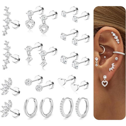 CASSIECA Flat Back Earrings for Women Cartilage Earrings Stacks-20G Surgical Stainless Steel Flatback Stud Hoop Earring Set Daith Conch Tragus Helix Piercing Jewelry