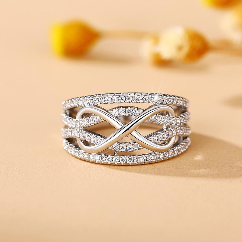 Glimmer Drop Women'S Trendy Infinity Symbol Ring | 8-Character Hollow 3D Design, Two-Tone Gold & Silver Statement Ring | Cubic Zirconia Embellished Fashion Index Finger Ring, Infinite Love Character Stylish Jewelry for Daily & Party