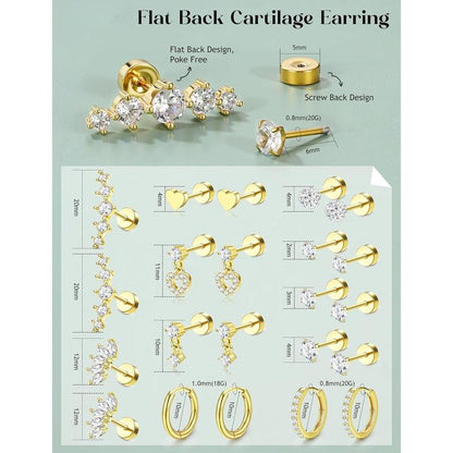 CASSIECA Flat Back Earrings for Women Cartilage Earrings Stacks-20G Surgical Stainless Steel Flatback Stud Hoop Earring Set Daith Conch Tragus Helix Piercing Jewelry