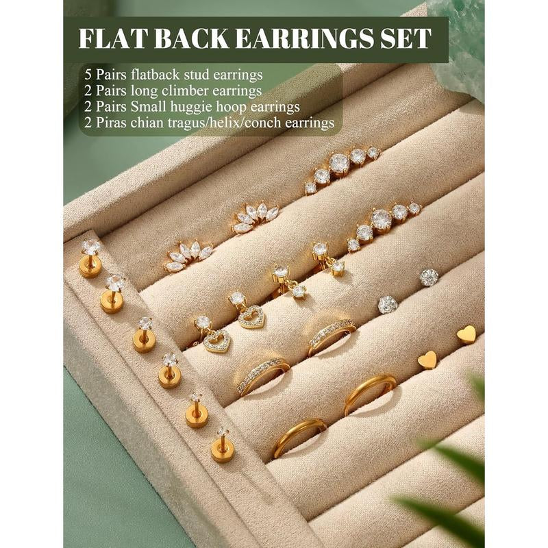 CASSIECA Flat Back Earrings for Women Cartilage Earrings Stacks-20G Surgical Stainless Steel Flatback Stud Hoop Earring Set Daith Conch Tragus Helix Piercing Jewelry