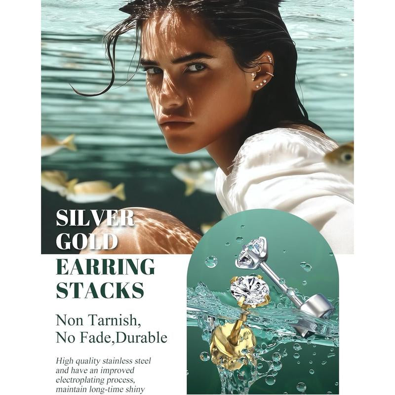 CASSIECA Flat Back Earrings for Women Cartilage Earrings Stacks-20G Surgical Stainless Steel Flatback Stud Hoop Earring Set Daith Conch Tragus Helix Piercing Jewelry