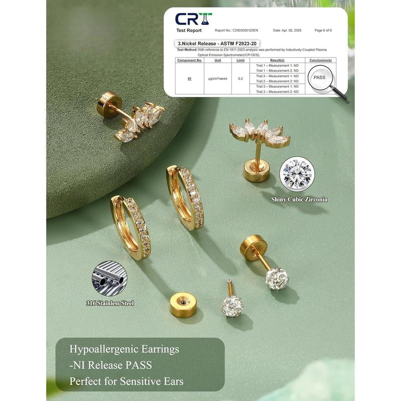 CASSIECA Flat Back Earrings for Women Cartilage Earrings Stacks-20G Surgical Stainless Steel Flatback Stud Hoop Earring Set Daith Conch Tragus Helix Piercing Jewelry