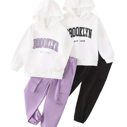 Girls' Sportswear Set 4-Piece Cute Hoodie and Jogger Pants Outfit Set Suitable for Ages 3-14